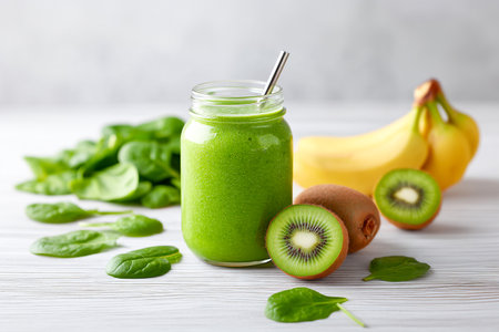 A refreshing green smoothie made with spinach, kiwi, and banana sits in a glass jar with a straw. Fresh ingredients surround the jar on a white wooden surface.の素材