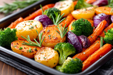 Fresh carrots, potatoes, broccoli, and onions are seasoned with herbs and roasted golden brown on a tray in a bright kitchen.の素材