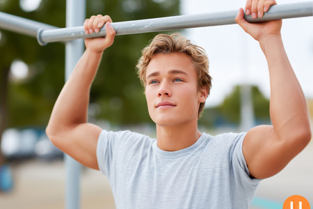 A fit young man performs pull-ups on a bar in a bright park. The sun shines down as he focuses on his workout, surrounded by greenery and a peaceful atmosphere.の素材