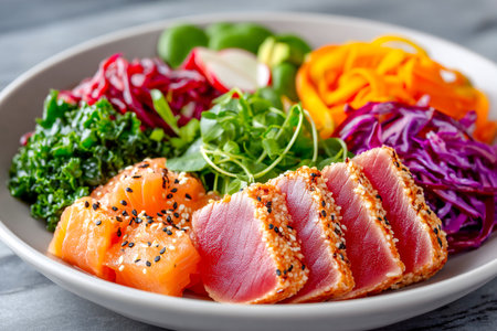 A sushi platter showcases slices of fresh tuna and salmon along with a vibrant mix of vegetables such as cabbage, carrots, and seaweed.の素材