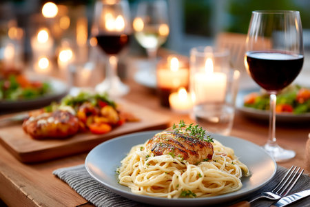 Guests enjoy a cozy dinner featuring pasta with grilled chicken, fresh salad, and red wine, surrounded by candlelight in a warm evening setting.の素材
