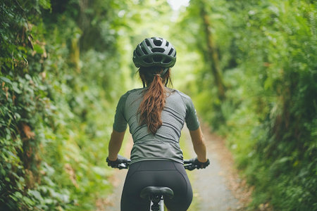 A person rides a bicycle along a narrow, winding path surrounded by dense greenery. Sunlight filters through the leaves, creating a serene atmosphere.の素材