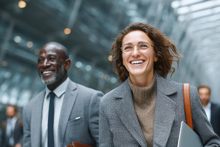 Two professionals are walking through a bustling business space. The woman is smiling broadly while the man walks beside her, both exuding confidence and positivity.の素材