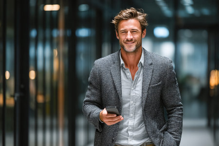 A man stands in a sleek office hallway, smiling as he checks his smartphone. His professional look and positive demeanor reflect a busy workday.の素材
