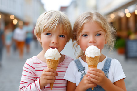 Two kids with bright blue eyes smile as they enjoy their ice cream cones in a bustling town square. The scene captures a joyful summer day full of life.の素材