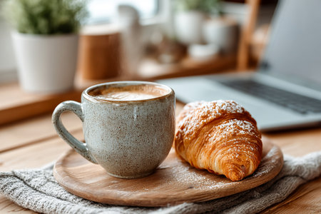 A warm cup of coffee sits beside a golden croissant on a wooden platter, with a laptop in the background. Soft light fills the cozy cafe space.の素材