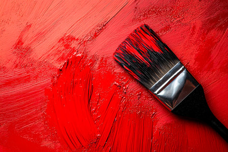 A brush is covered in bright red paint, leaving strokes on a textured surface. The scene captures the essence of an artistic process in a creative space.の素材