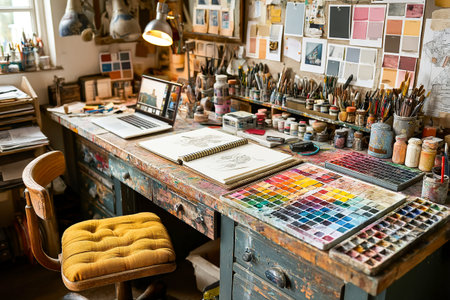 A colorful art studio filled with brushes, paints, and sketches. Natural light highlights a wooden desk cluttered with various creative tools and a laptop.の素材