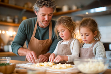 A father helps his two young daughters shape dough in a warm kitchen filled with natural light. The fun baking activity showcases family bonding and creativity.の素材