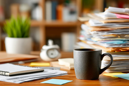 A coffee cup sits on a wooden desk surrounded by piles of papers and sticky notes. A clock ticks in the background, marking the time in a busy office setting.の素材