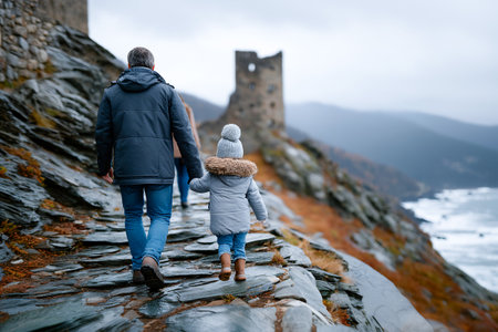 A father and his daughter stroll hand in hand along a rocky path near cliffs overlooking the sea. The setting is chilly, with clouds in the sky and waves crashing below.の素材