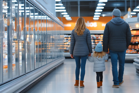 A family of three browses the aisles of a grocery store, enjoying their shopping trip. The parents hold hands with their young child as they explore the frozen food section.の素材