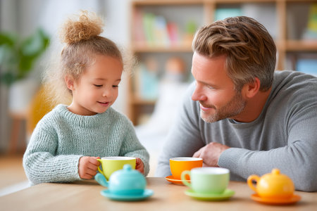 A father and his young daughter share a joyful tea party experience at home. They smile as they play with colorful cups in a warm, inviting room.の素材