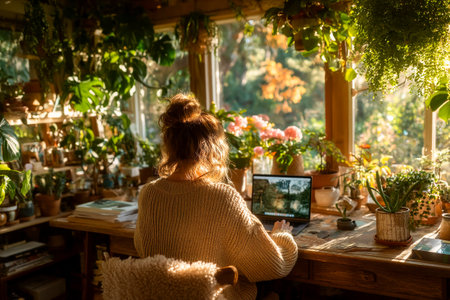 A woman sits at a wooden desk filled with plants and flowers, working on a laptop while sunlight streams through large windows in a serene setting.の素材