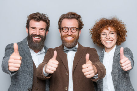 Three cheerful friends stand together, all giving thumbs up, showing their happiness. They wear stylish outfits and smile warmly in a cozy setting.の素材