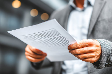 A person stands in a stylish urban environment, holding important documents. They appear focused, likely preparing for a discussion or presentation.の素材