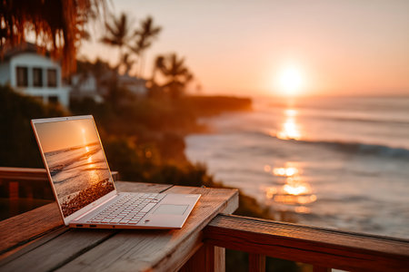 A laptop rests on a wooden table overlooking the ocean during sunset. The sun sets behind the waves, creating a serene and peaceful atmosphere.の素材