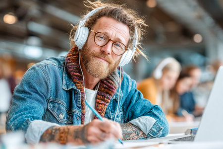 A man wearing headphones sits at a table, concentrating on writing. He is in a lively workspace filled with other people, engaged in various activities.の素材