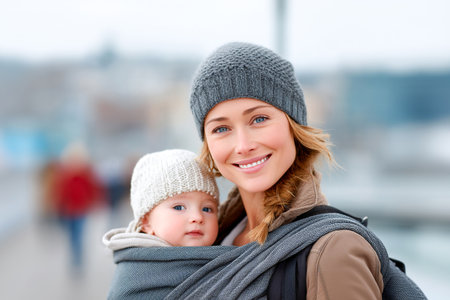 A woman with a warm smile holds her baby snug in a gray wrap, both wearing knit hats, enjoying a chilly day near the waterfront with people in the background.の素材