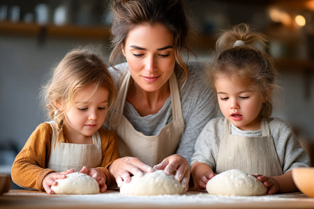 A mother and her two young daughters are joyfully preparing dough in a bright kitchen. They wear aprons and focus on shaping their creations.の素材