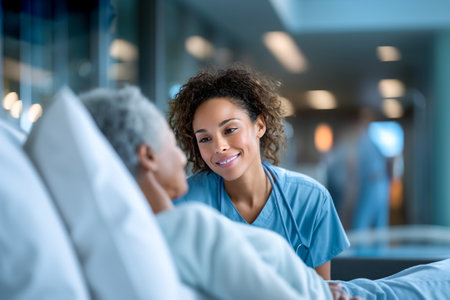 A nurse smiles warmly at an elderly patient in a hospital room, providing comfort and support during treatment. The environment is calm and professional.の素材