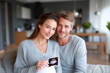 A couple smiles joyfully as they hold an ultrasound photo, sharing their excitement about their upcoming baby in a cozy living room.の素材
