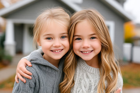 Two young girls stand close, smiling brightly with warm sweaters on a sunny autumn day. Their joyful expressions reflect friendship and happiness in a suburban setting.の素材