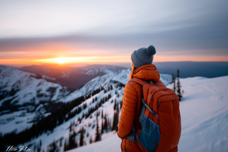 A hiker in bright orange gear gazes at the sunset from a snowy mountain peak. The vast landscape showcases white snow and distant mountains under a colorful sky.の素材