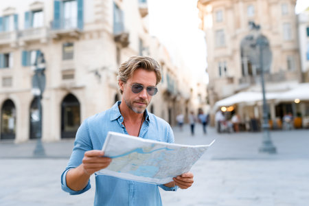 A man with sunglasses studies a map in a vibrant city square with historic buildings. People stroll by, creating a lively atmosphere in the background.の素材