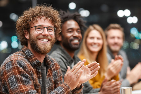 People are smiling and clapping hands together in a bright indoor space, enjoying an engaging event in the evening with warm lighting.の素材
