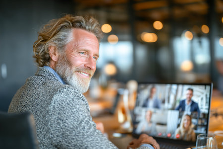 A man with wavy hair and a beard smiles while participating in a video conference from a stylish office. The warm atmosphere adds to the productive mood of the meeting.の素材