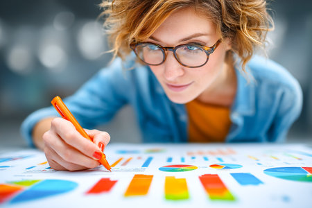 A woman focuses with curly hair and glasses on various colorful data charts while writing notes with an orange pen in a contemporary office environment.の素材