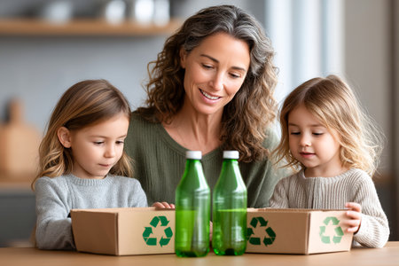 A woman and two young girls sit at a table, excitedly exploring green bottles and cardboard boxes, promoting recycling habits and environmental awareness.の素材