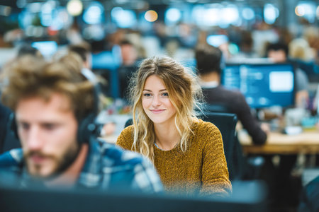 In a vibrant office, a young woman with a joyful expression focuses on her tasks as coworkers collaborate behind her. The atmosphere is dynamic and energetic.の素材
