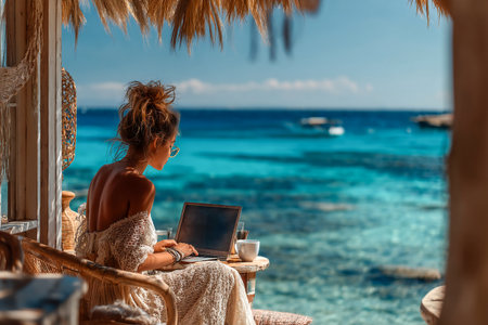 A woman sits peacefully beside the ocean, focused on her laptop, surrounded by a tropical setting. The sun glistens off the calm, turquoise water.の素材