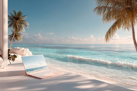 A laptop rests on a white surface by the beach, overlooking the calm turquoise waters and gentle waves, surrounded by palm trees under a clear sky.の素材