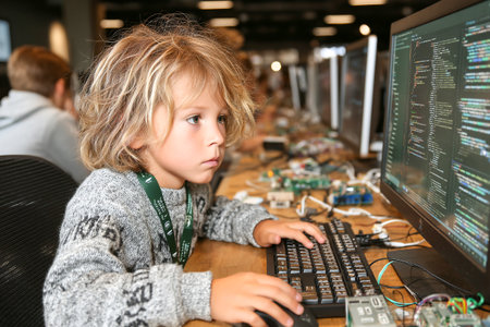 A young boy with curly hair focuses intently on coding at his computer in a lively workshop. Other participants work quietly around him, creating a collaborative environment.の素材