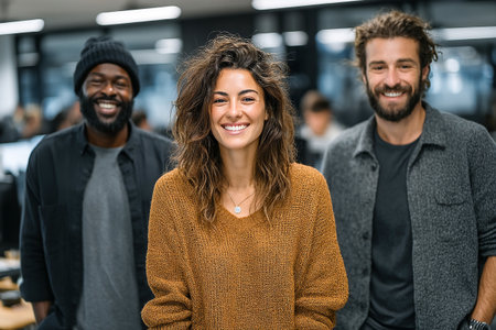 Colleagues are smiling and enjoying a casual Friday at work. The colorful outfits and cheerful atmosphere reflect their relaxed office culture and teamwork.の素材