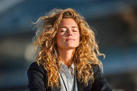 A businesswoman sits outdoors with her eyes closed, meditating calmly before an important meeting. She is focused and relaxed under natural light in a professional setting.の素材