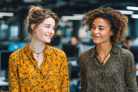 Two women are enjoying a light moment at their workplace on a casual Friday, wearing colorful, floral shirts and smiling while engaging in conversation.の素材