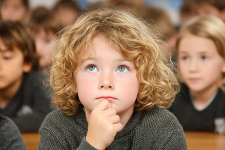 A classroom filled with attentive kids shows a young girl deep in thought while others focus. The settings encourage curiosity and participation in learning.の素材