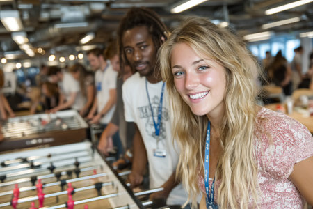 A group of friends is playing table football, smiling and having fun in a vibrant space. The atmosphere is lively, filled with excitement and friendly competition.の素材