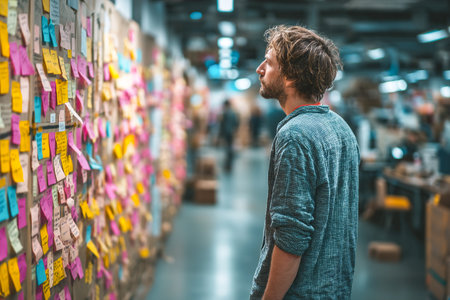 A young man stands in a busy startup space, gazing at colorful sticky notes on a wall. The environment buzzes with energy as team members brainstorm and collaborate.の素材