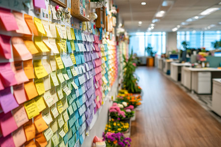 A vibrant wall covered in sticky notes lines a modern office corridor filled with greenery and floral arrangements, showing a dynamic work environment.の素材