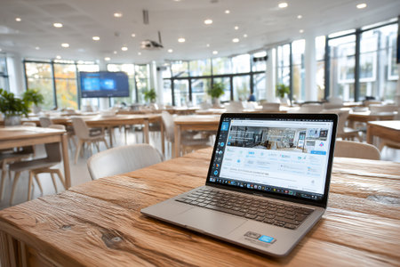 Bright and airy study space features a laptop on a wooden table, surrounded by empty tables and large windows, promoting focus and collaboration.の素材