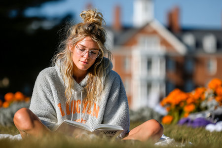 A student sits cross-legged on a college lawn, absorbed in a book. Bright flowers bloom nearby under a clear blue sky, adding to the peaceful atmosphere of the campus.の素材