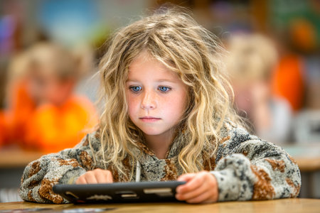 A child concentrates on an educational video while seated at a table in a classroom setting. Bright colors and attentive peers enhance the learning atmosphere.の素材