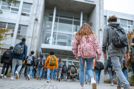 Groups of students walk toward the school entrance, ready to start their day. The atmosphere is vibrant as backpacks sway with each step.の素材