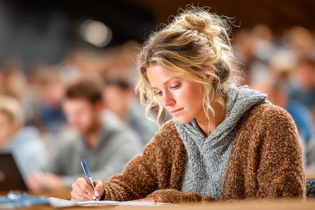 Focused young woman writes notes during a lecture in a university hall filled with students. She wears a cozy sweater and looks engaged in the learning process.の素材