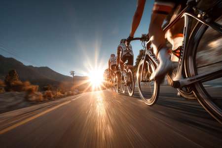 Four cyclists are riding on a smooth open road as the sun rises, creating a beautiful silhouette against the mountains and illuminating the path ahead.の素材
